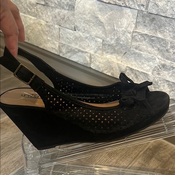 Seychelles Black Suede Leather Slingback Wedges with Bow Detail size 7 1/2 - Picture 9 of 11